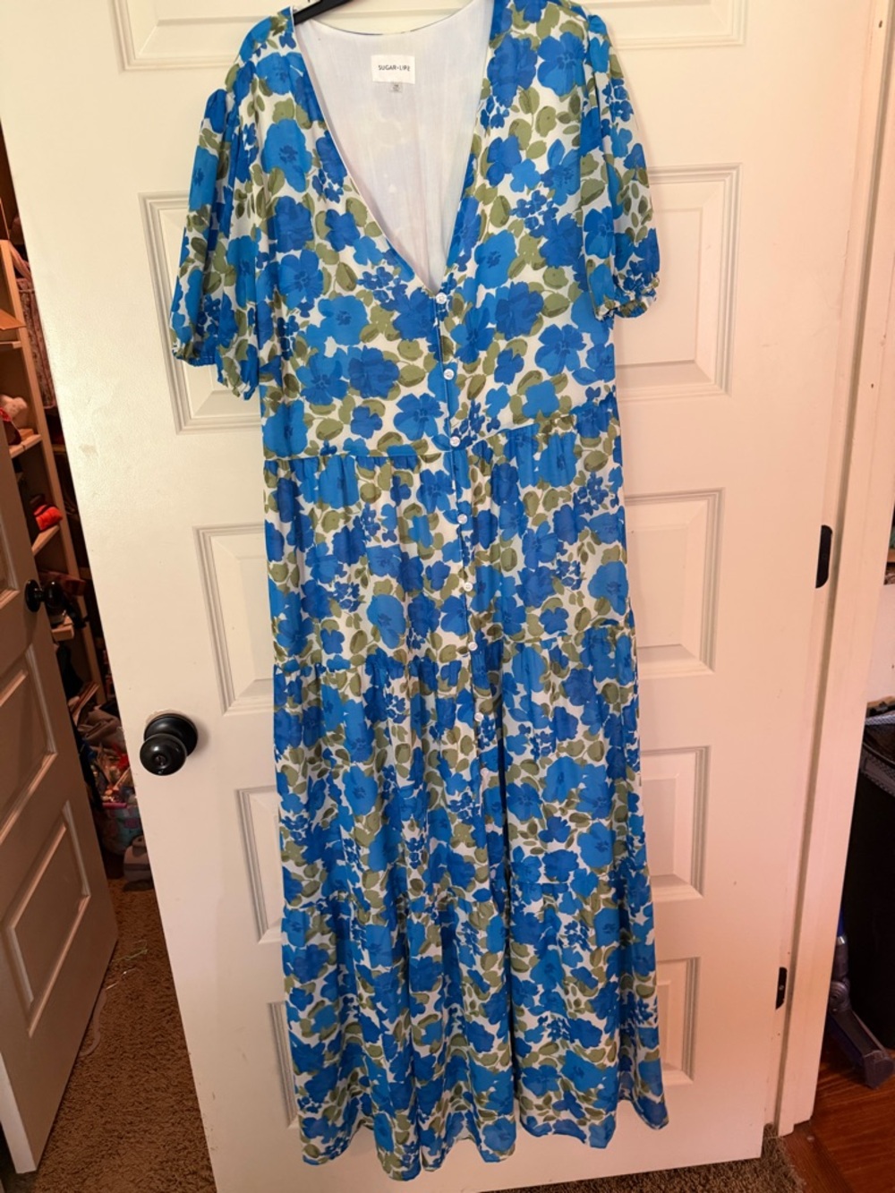 & Other Stories Blue and Olive Floral V-Neck Maxi Dress